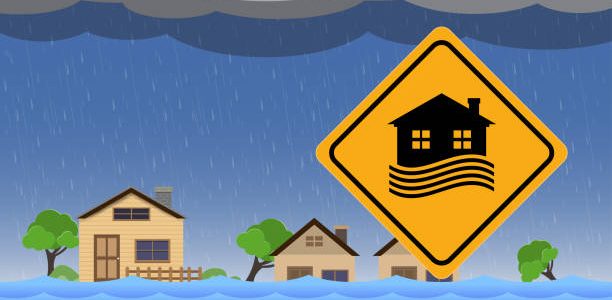 Flood natural disaster with house, heavy rain and storm , damage with home, clouds and rain, flooding water in city, Flooded house.